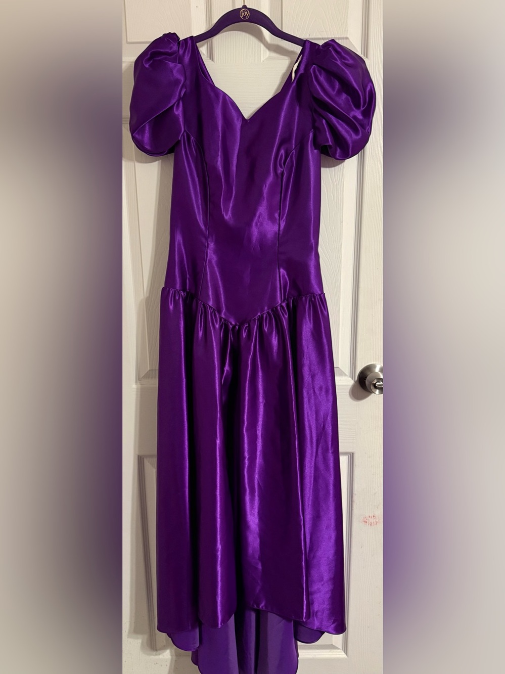 Vintage Alfred Angelo Shiny Purple Satin Puff-Sleeve Women’s Dress, Cottagecore